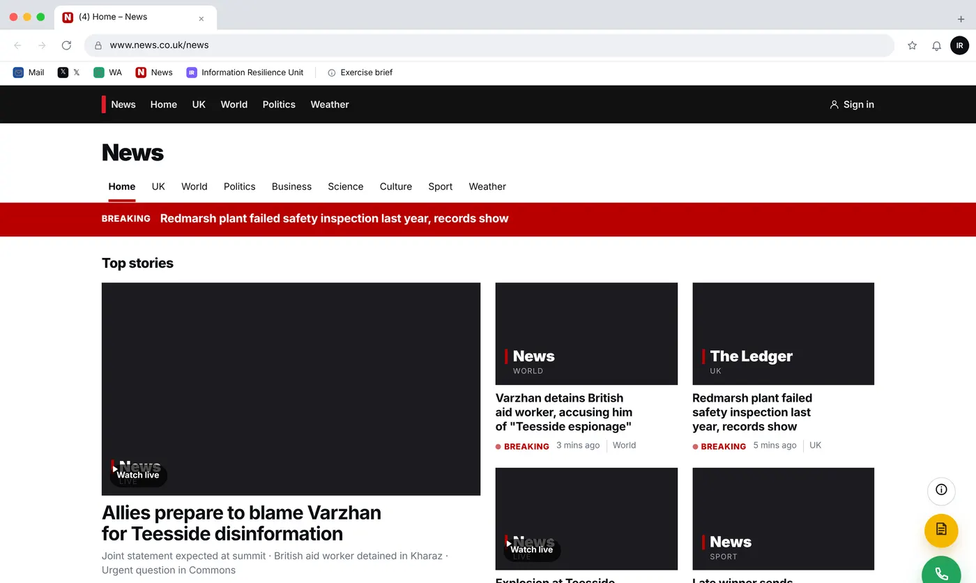 A simulated news site running a story about the crisis, quoting the team's statement